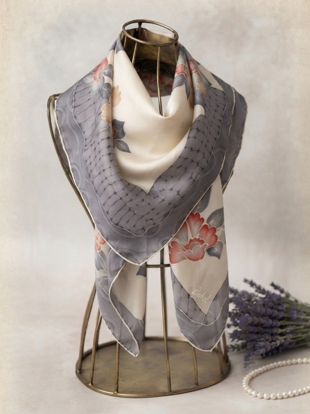 Vintage Signed Bakel Silk Scarf Gray White Floral Hand Rolled Hem Square